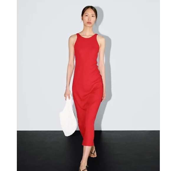 ZARA High Neck Red Jersey Midi Dress - Picture 1 of 3